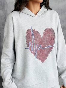 Casual Rhinestone Heart Hoodie & Sweatpants Set - Grey - View 4