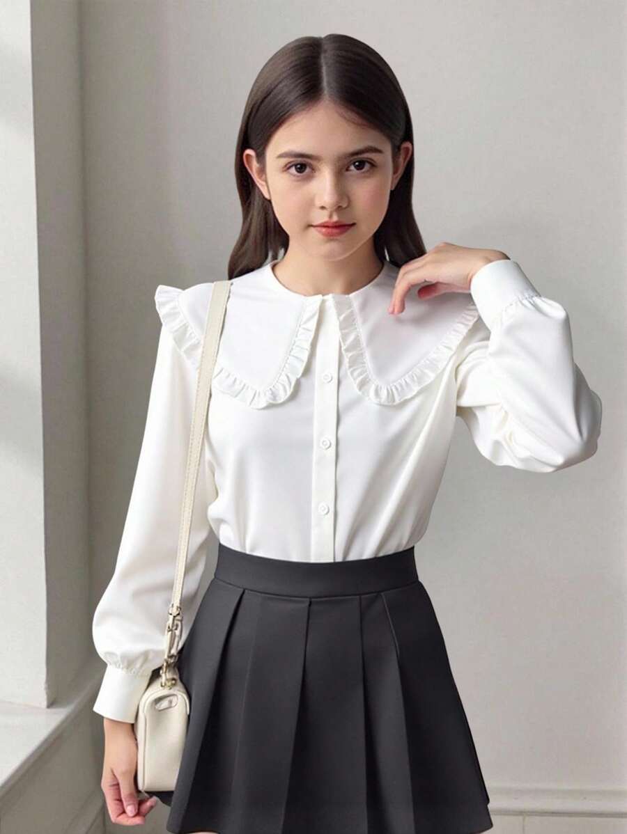 SHEIN 青少年女孩白色可爱韩版彼得潘领百搭衬衫，适合春夏季和返校季 - 白色 - 查看 1