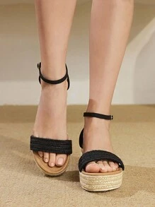 Styleloop 女式坡跟厚底编织凉鞋，波西米亚风格度假装厚底鞋 - 黑色 - 查看 3