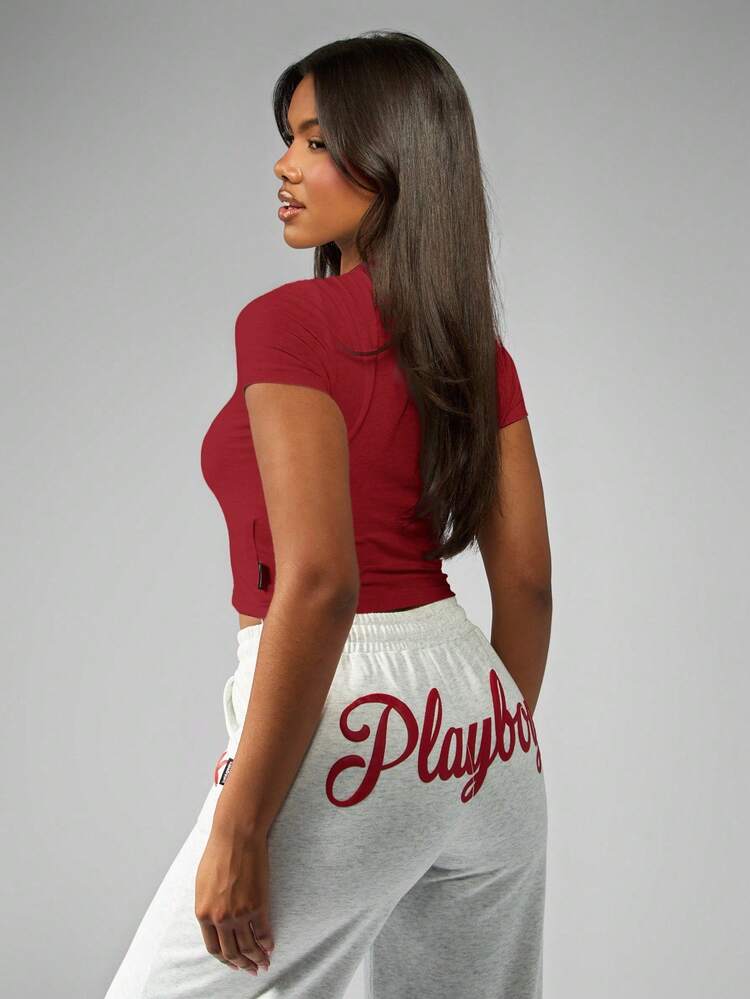 Missguided x Playboy Baby Tee Crop Top With Cherry Embroidery Design