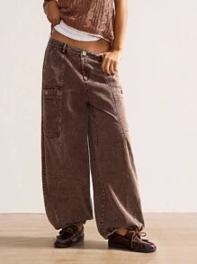 Bohemela Pantalones rectos sueltos de unicolor casual para mujer - Marrón - Ver 2