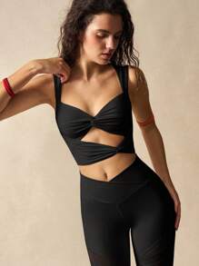 VARSIVA 女士纯色扭结镂空短款运动背心，夏季运动文胸 - 黑色 - 查看 3