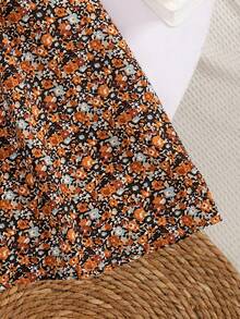 SHEIN 2 件套青少年女孩休闲棕色长袖圆领 PU 皮夹克 + 棕色碎花吊带裙，甜美、酷炫、优雅的装扮 - 棕色 - 查看 6