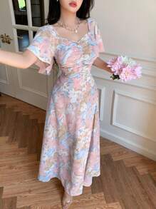 Modelyn 女式花卉印花褶饰前片荷叶边袖腰 A 字形连衣裙