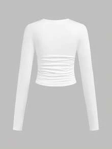 SHEIN Girlism Set de 3 camisetas de manga larga de cuello redondo y unicolor con pliegues casuales para adolescentes chicas