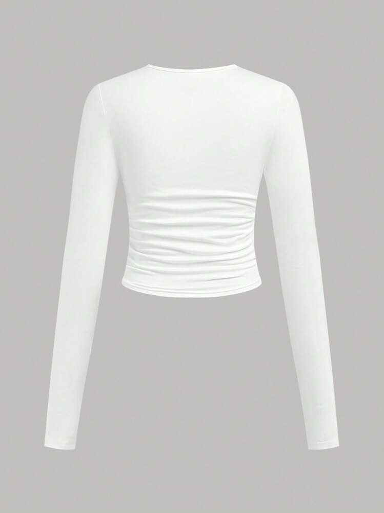 SHEIN Girlism 3pcs Teen Girls' Solid Color Round Neck Gathered Casual Long Sleeve T-Shirts Set - Dusty Blue - View 10