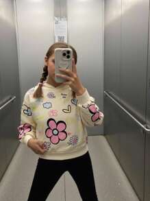 SHEIN 2pcs/Set Young Girl Ditsy Floral Hooded Sweatshirt And Leggings Casual Outfit  Tracksuit Fall Winter - Apricot - View 6