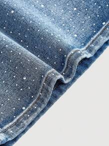 SHEIN MOD Quần jean ống rộng dáng rộng có túi đính đá cỡ lớn dành cho nữ - Rửa tối - Xem 4