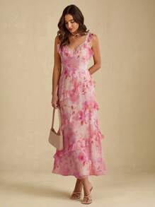 Enchnt 女士休闲浪漫优雅荷叶边修腰无袖连衣裙 - 粉色 - 查看 6