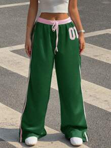 SHEIN EZwear 加大码橄榄绿拼布撞色字母印花裤，Y2k 休闲装 - 墨綠色 - 查看 5