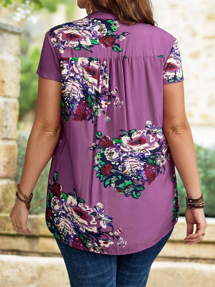 Plus Size Women's Floral Print Round Neck Single-Breasted Short Sleeve Casual Shirt Summer Shirts For Women