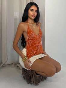 Glamine Romantic Shiny Orange Sequin Camisole For Summer Beach Vacation Beaded Top Rhinestone Top Brown Top Women Sequin Top Embroidered Top