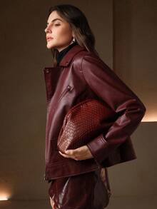Anewsta Women's Solid Color Long Sleeve PU Leather Zipper Front Casual Motorcycle Jacket - Burgundy - View 5