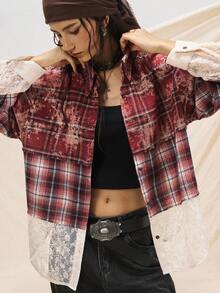 Easelle Damen Karohemd mit Kontrast-Spitze, Langarm, Knopfleiste, Lässig - Mokka-Braun - Übersicht 6