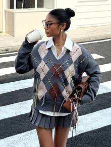 Muchica Áo len chui đầu cổ chữ V tua rua kim cương cho nữ mùa thu trở lại trường - Xám - Xem 3