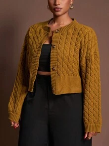 Veslaya 秋冬新款优雅休闲宽松纯色深黄色长袖短款针织开衫，适合派对、约会和日常穿着，大码女款 - 芥末黃 - 查看 1