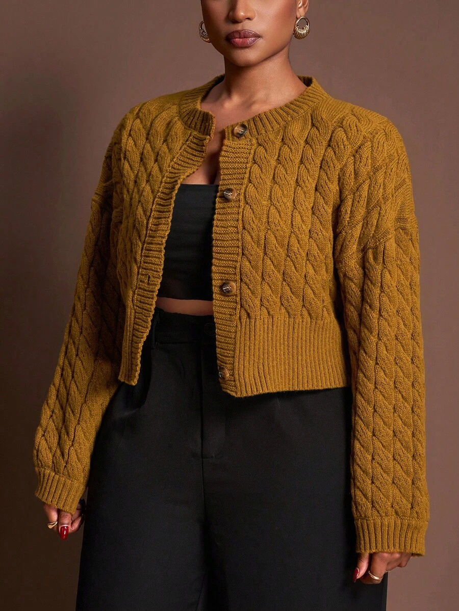 Veslaya 秋冬新款优雅休闲宽松纯色深黄色长袖短款针织开衫，适合派对、约会和日常穿着，大码女款 - 芥末黃 - 查看 1