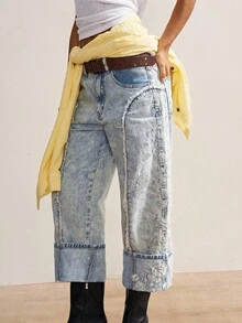 Bohemela 波西米亚乡村度假复古休闲纯色刺绣梭织宽松直筒女裤 - 淺藍色 - 查看 2