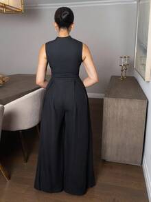 Melissa Matos 超宽腿拉链前无袖连体裤 - 黑色 - 查看 2