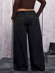 Flirla Plus Size Women Distressed Pocket Wide Leg Loose Casual Versatile Jeans - Black - View 2