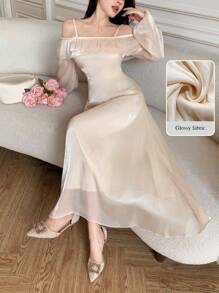 Modelyn Women's Glossy Fabric Double-Layer Asymmetric Neck Long Sleeve Dress, Autumn