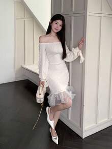 Modelyn 女士露肩长袖法式奢华温柔浪漫荷叶边下摆泡泡袖连衣裙 - 白色 - 查看 3