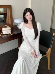 Modelyn Vestido de manga larga con volante en la cintura y bajo, estilo único francés - Beis - Ver 5