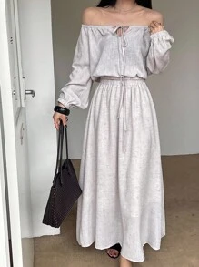DAZY 新款秋季宽松休闲慵懒蝴蝶结露肩女式两件套家居服套装 - 杏色 - 查看 4