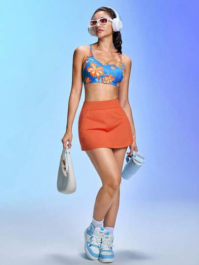 SHEIN Sovereign Charm 叶子印花女士运动文胸，工字背瑜伽文胸，适合健身房锻炼