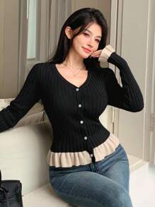 DAZY 女士优雅拼色V领开衫，秋季 - 黑色 - 查看 4