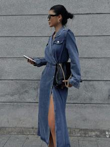 DAZY Đầm denim nữ cổ ve lật và có túi, đầm mùa thu. - Màu xanh lam - Xem 8