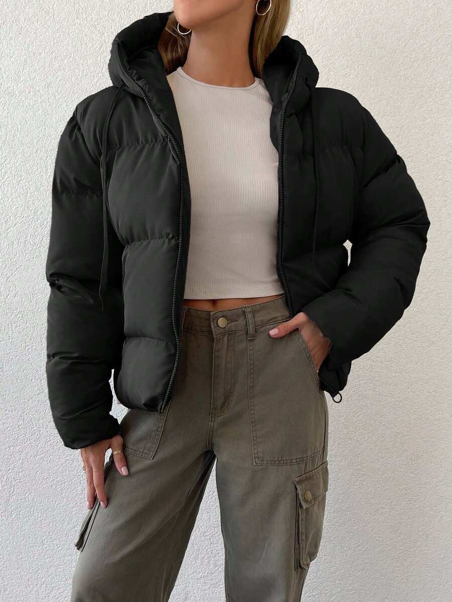 EURMUSE 女式纯色长袖拉链前抽绳连帽休闲冬季夹克 - 黑色 - 查看 1