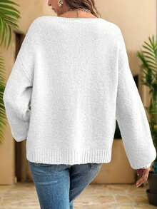 EURMUSE 女士休闲宽松纯色系带长袖开衫 - 白色 - 查看 2