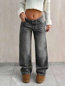 EURMUSE PETITE CASUAL LOW WAIST BAGGY LOOSE STRAIGHT LEG JEAN - Grey - View 4