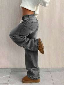 EURMUSE PETITE CASUAL LOW WAIST BAGGY LOOSE STRAIGHT LEG JEAN - Grey - View 6