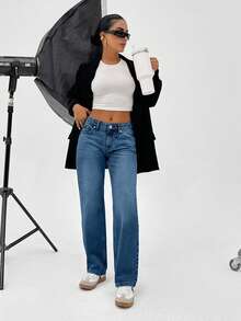 CasuGlow 100% Cotton LOW RISE  STRAIGHT FIT VINTAGE WASH Y2K STYLE JEAN - Dark Wash - View 4