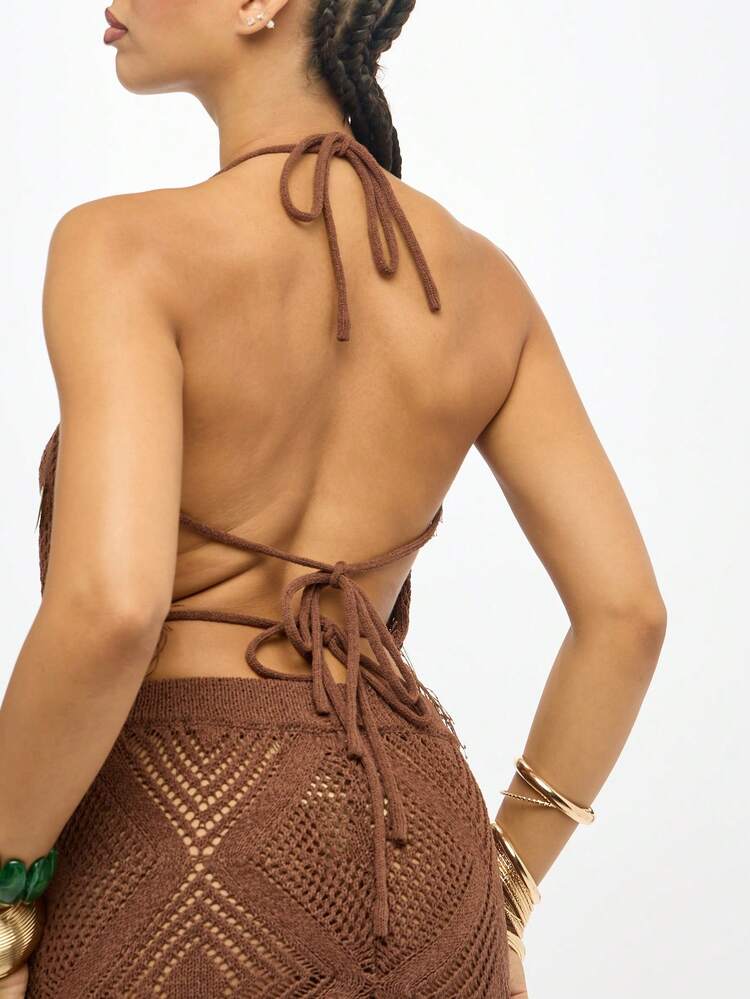 SUMWON WOMEN Crochet Knit Halter Top With Metallic Discs And Fringe