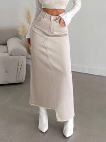 EURMUSE Cao eo Bất đối xứng Raw Hem Váy Denim - Màu be - Xem 4