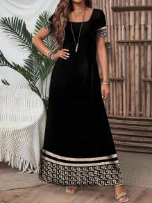 EMERY ROSE 女士几何条纹印花短袖优雅中长连衣裙，适合度假 - 黑色 - 查看 6