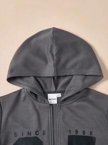 Paul Frank X SHEIN 2 piezas Conjunto de sudadera con capucha con cremallera y pantalón de chándal estampado numérico deportivo y casual para niña preadolescente, gris - Gris - Ver 3