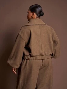 Veslaya 2025 Spring/Autumn New Arrival, Elegant & Commute & Party & Date, Solid Brown, Loose Fit Long Sleeve Plus Size Lapel Wool Blend Short Jacket For Plus Size Women - A Winter Fall