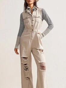 Bohemela BOHO Vintage Casual Solid Color Ripped Woven Sleeveless Jumpsuit For Women - Apricot - View 3