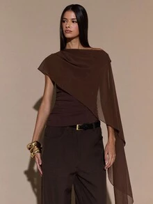 SHEIN BAE Women's Asymmetric Shoulder Ruched Neck Tie Blouse, Elegant Knit Top, Autumn/Winter,Blusas Femininas Elegante