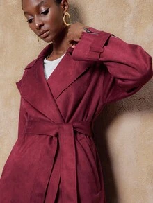 SHEIN Privé VITNOS Women's Burgundy Autumn Elegant Office Solid Color Lapel Neck Casual Trench Coat,High-End Winter Long Jacket For Date Night,Parties,Holiday - Khaki - View 5