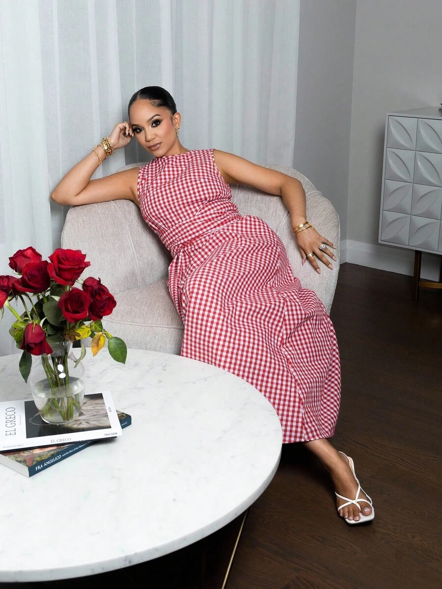 Melissa Matos Women's Summer Holiday Picnic Plaid Crew Neck Tie Waist Pocketed Sleeveless Loose Casual Dress, Suitable For Various Occasions, Casual, Commute And Travel Women Nice Dress Dresses Classy Elegant Women's Concert Attire,Graduation Dresses - Red and White - View 1