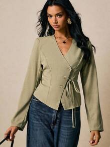 Poéselle 女式衬衫 不对称纽扣门襟领带 绿色衬衫 女式夹克 女式西装外套 休闲女式 优雅通勤 纯色斜领衬衫 冬季外套 冬季夹克 秋季上衣 女式秋装 女式冬装 秋季服装 外出上衣 商务休闲女式 老款服装 女式纽扣衬衫女式 - 綠色 - 查看 2