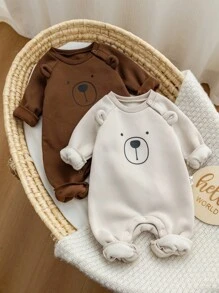2件套新生儿卡通印花圆领长袖连体衣，摩卡色图案，男女宝宝通用连体衣，中性婴儿服装，男女宝宝小熊连体衣，秋冬季 - 彩色 - 查看 5