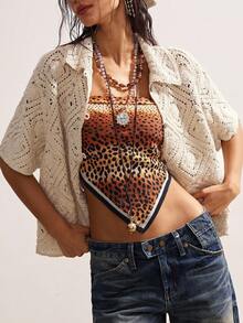 Bohemela Casual Loose Short Sleeve Button-Up Knit Top For Women, Suitable For Everyday Wear - Apricot - View 3