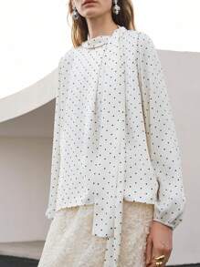 Uhlyne 女士波尔卡圆点印花长袖宽松时尚上衣 - 香檳色 - 查看 2