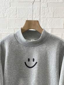 Teen Boy Smiling Face Print Casual Loose Fit Long Sleeve Stand Collar Sweatshirt Cute Sweatshirt Oversized Gray Sweatshirt Fall Autumn And Winter - Grey - View 4